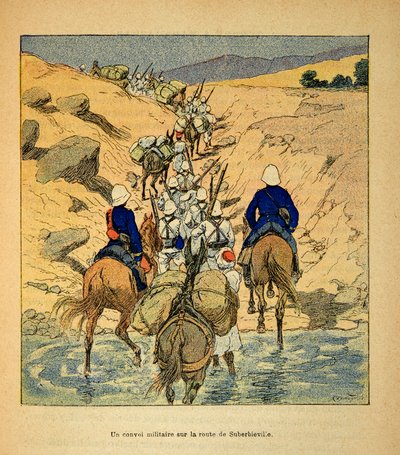 La guerra in Madagascar-Storia aneddotica delle spedizioni francesi del 1885-1895 di Henri Galli, illustrato da Louis Bombled: Un convoglio militare sulla strada per Suberbieville nel 1895 da Louis Charles Bombled