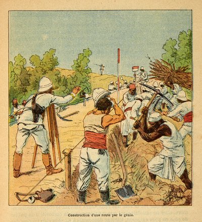 La guerra in Madagascar-Storia aneddotica delle spedizioni francesi del 1885-1895 di Henri Galli, illustrato da Louis Bombled: Costruzione di una strada in Madagascar da parte del Genio nel 1895 da Louis Charles Bombled