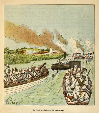 La guerra in Madagascar-Storia aneddotica delle spedizioni francesi del 1885-1895 di Henri Galli, illustrato da Louis Bombled: La fanteria di marina attacca la città di Marovoay nel 1895 da Louis Charles Bombled