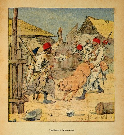 La Guerra in Madagascar-Storia Aneddotica delle Spedizioni Francesi del 1885-1895 di Henri Galli detto Galllichet (1854-1922), illustrato da Louis Bombled (1862-1927): Saccheggio dei Tirailleurs nelle Fattorie, Collezione Privata da Louis Charles Bombled