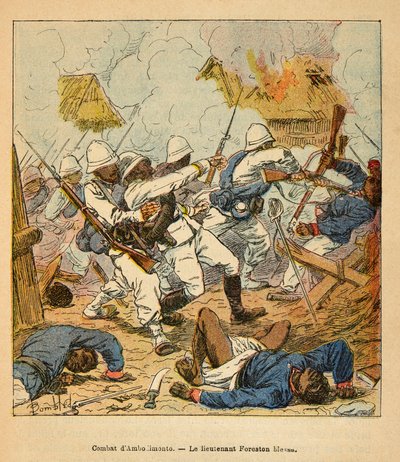 La guerra in Madagascar - Storia aneddotica delle spedizioni francesi del 1885-1895 di Henri Galli dit Galllichet, illustrata da Louis Bombled: Tenente Foreston ferito durante le battaglie di Ambolomonty nel 1895, Collezione privata da Louis Charles Bombled
