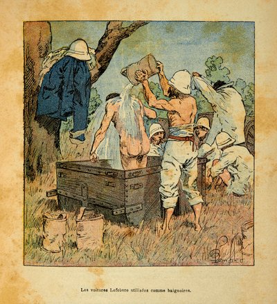 La guerra in Madagascar-Storia aneddotica delle spedizioni francesi del 1885-1895 di Henri Galli detto Galllichet (1854-1922), illustrato da Louis Bombled (1862-1927): Le auto Lefebvre usate come vasca da bagno dai soldati nel 1895 in Madagascar, Collezion da Louis Charles Bombled