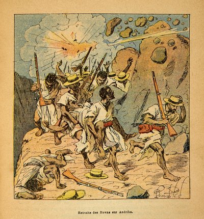 La guerra in Madagascar-Storia aneddotica delle spedizioni francesi del 1885-1895 di Henri Galli detto Galllichet (1854-1922), illustrato da Louis Bombled (1862-1927): Ritirata degli Hovas su Andriba, Collezione privata da Louis Charles Bombled