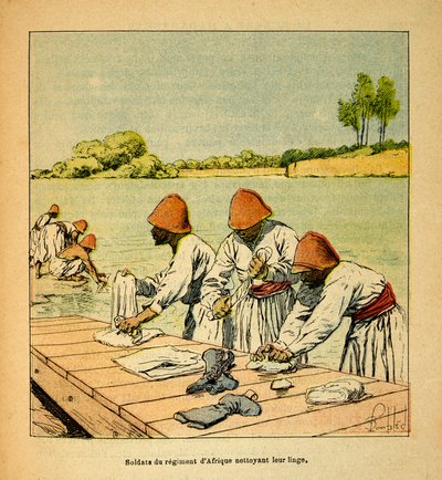 La guerra in Madagascar-Storia aneddotica delle spedizioni francesi del 1885-1895 di Henri Galli detto Galllichet (1854-1922), illustrato da Louis Bombled (1862-1927): Soldati del Reggimento Africano che puliscono il loro bucato sulle rive di un fiume in M da Louis Charles Bombled