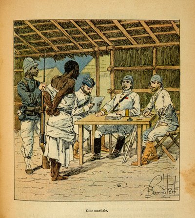 La guerra in Madagascar-Storia aneddotica delle spedizioni francesi del 1885-1895 di Henri Galli detto Galllichet (1854-1922), illustrato da Louis Bombled (1862-1927): Interrogatorio di un prigioniero Hovas da parte dei francesi, Collezione privata da Louis Charles Bombled