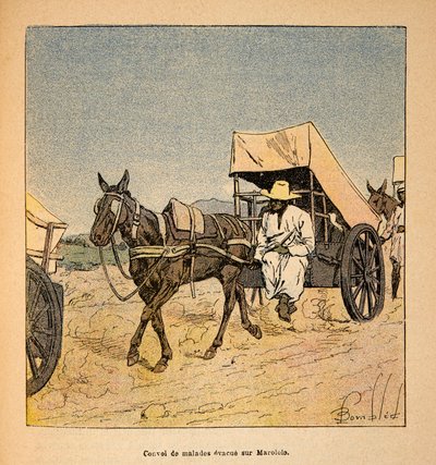 La guerra in Madagascar-Storia aneddotica delle spedizioni francesi del 1885-1895 di Henri Galli detto Galllichet (1854-1922), illustrato da Louis Bombled (1862-1927): Convoglio di malati in fuga su Marololo, Collezione privata da Louis Charles Bombled