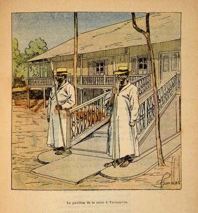 La guerra in Madagascar-Storia aneddotica delle spedizioni francesi del 1885-1895 di Henri Galli detto Galllichet (1854-1922), illustrato da Louis Bombled (1862-1927): Il padiglione della Regina Ranavalona a Tananarive nel 1895, Collezione privata da Louis Charles Bombled