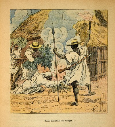 La guerra in Madagascar-Storia aneddotica delle spedizioni francesi del 1885-1895 di Henri Galli detto Galllichet (1854-1922), illustrato da Louis Bombled (1862-1927): Hovas che bruciano villaggi, Collezione privata da Louis Charles Bombled