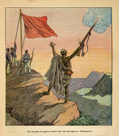 La guerra in Madagascar-Storia aneddotica delle spedizioni francesi del 1885-1895 di Henri Galli detto Galllichet (1854-1922), illustrato da Louis Bombled (1862-1927): La bandiera rossa malgascia piantata sulle montagne di Tananarive, Collezione privata da Louis Charles Bombled