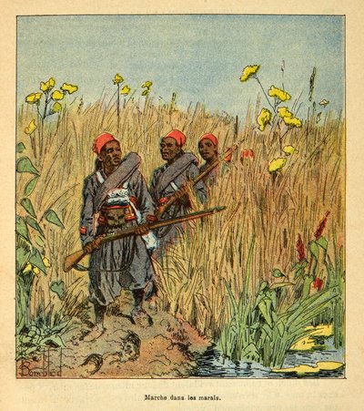 La guerra in Madagascar - Storia aneddotica delle spedizioni francesi del 1885-1895 di Henri Galli dit Galllichet, illustrata da Louis Bombled: Truppe francesi in spedizione nelle paludi in Madagascar nel 1895, Collezione privata da Louis Charles Bombled
