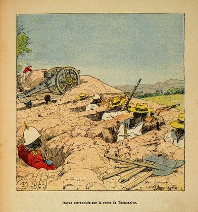 La guerra in Madagascar-Storia aneddotica delle spedizioni francesi del 1885-1895 di Henri Galli detto Galllichet (1854-1922), illustrato da Louis Bombled (1862-1927): Trincee delle truppe Hovas sulla strada per Tannarive nel 1895, Collezione privata da Louis Charles Bombled