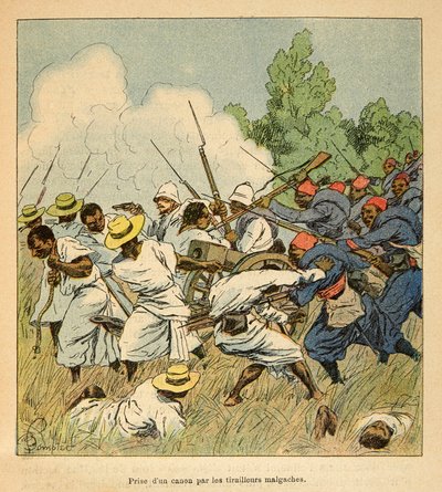La guerra in Madagascar - Storia aneddotica delle spedizioni francesi del 1885-1895 di Henri Galli dit Galllichet (1854-1922), illustrata da Louis Bombled (1862-1927): I malgasci sequestrano un cannone durante le battaglie di Ambolomonty nel 1895 da Louis Charles Bombled