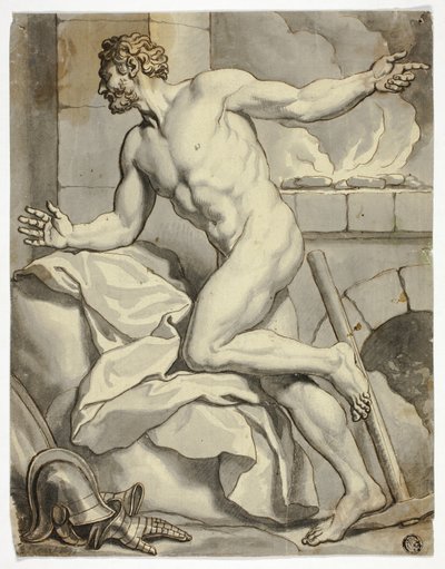 Nudo maschile inginocchiato accanto a una fornace (Vulcano), con elmetto e guanti di metallo sul pavimento da Louis Cheron