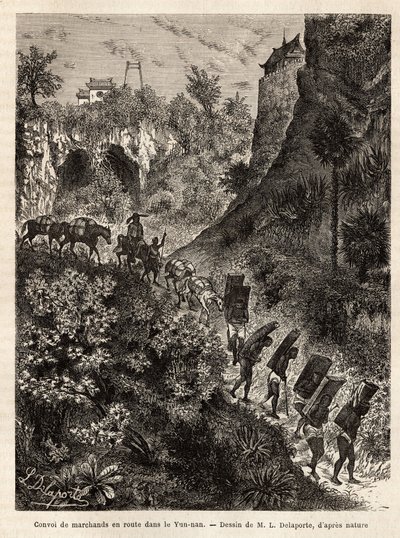 Un convoglio di mercanti e i loro portatori in rotta verso Yunnan (Cina), inciso dal disegno di L.Delaporte, per illustrare il viaggio di esplorazione in Indocina di Francis Garnier, tenente di nave, nel 1866-1868, pubblicato in "Le tour du monde" 1874 da Louis Delaporte
