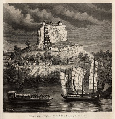 Una roccia con pagoda e varie barche sul fiume blu (Cina), incisione dal disegno di L. Delaporte, per illustrare il viaggio di esplorazione in Indocina di Francis Garnier, tenente di nave, nel 1866-1868, pubblicato in "Le tour du monde" da Louis Delaporte