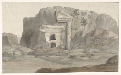 Tombe con facciata in stile dorico scolpite nella roccia nei dintorni di Siracusa (Voyage en Italie, en Sicile et à Malte - 1778) da Louis Ducros