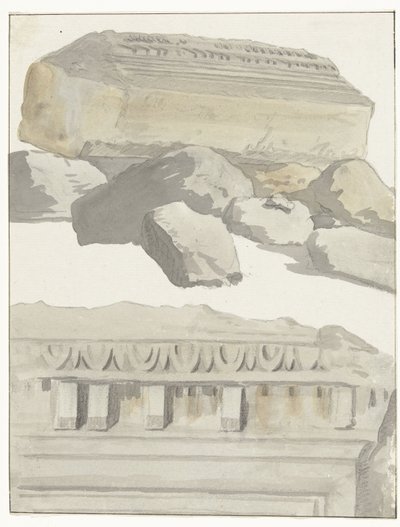 Due pezzi di un architrave del tempio antico nella città vecchia di Manduria da Louis Ducros