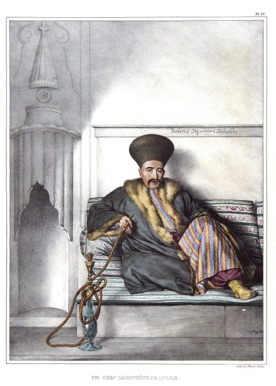 Un logoteta greco di Livadia. in "Viaggio ad Atene e Costantinopoli, o raccolta di ritratti greci e ottomani, vedute e costumi, dipinti sul posto o dopo la natura, litografie e colori di Louis Dupre (1789-1837), allievo di David.1825." da Louis Dupré