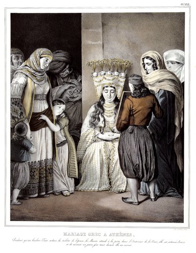 Matrimonio greco ad Atene. Mentre un barbiere greco completa la toilette della sposa, la sposa aspetta alla porta nel cortile, è circondata da amici e curiosi, un giovane greco tiene uno specchio davanti a lei. in "Viaggio ad Atene e Costantinopoli, o" da Louis Dupré