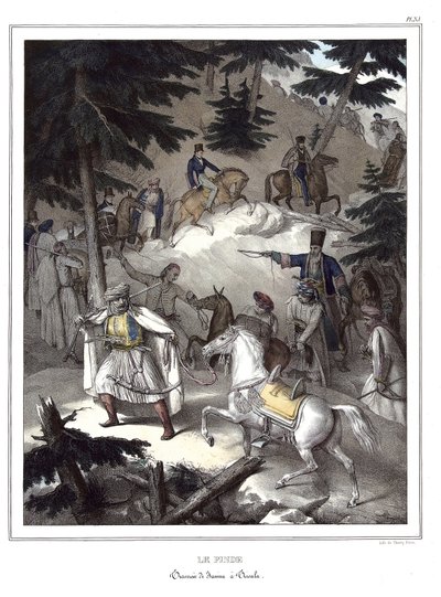 Il Pindo, attraversamento da Janina a Tricala. in "Viaggio ad Atene e Costantinopoli, o raccolta di ritratti greci e ottomani, vedute e costumi, dipinti sul posto o dopo la natura, litografie e colori di Louis Dupre (1789-1837), allievo di David.1825" da Louis Dupré