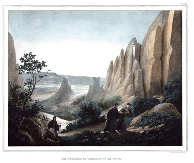 I meteori della Tessaglia e il Pindo (paesaggio di scogliere e rocce). in "Viaggio ad Atene e Costantinopoli, o raccolta di ritratti greci e ottomani, vedute e costumi, dipinti sul posto o dopo la natura, litografie e colori di Louis Dupre" da Louis Dupré