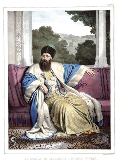 Il Principe di Moldavia, Michele Soutzo (1729-1830). in "Viaggio ad Atene e Costantinopoli, o raccolta di ritratti greci e ottomani, vedute e costumi, dipinti sul posto dalla natura, litografie e colori di Louis Dupre (1789-1837), allievo di David" da Louis Dupré