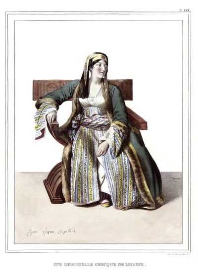 Una signora greca di Livadia. in "Viaggio ad Atene e Costantinopoli, o raccolta di ritratti greci e ottomani, vedute e costumi, dipinti sul posto secondo natura, litografie e colori di Louis Dupré (1789-1837), allievo di David. 1825. da Louis Dupré