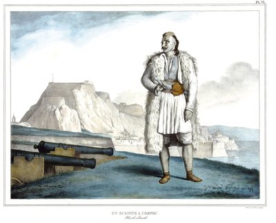 Un Suliote a Corfù, Nicolo Pervoli, in "Viaggio ad Atene e Costantinopoli, o raccolta di ritratti greci e ottomani, vedute e costumi, dipinti sul posto secondo natura, litografie e colori di Louis Dupré (1789-1837), allievo di David. 1825. da Louis Dupré