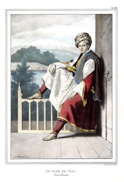 Una pagina di Veli, pascià di Tessaglia. in "Viaggio ad Atene e Costantinopoli, o raccolta di ritratti greci e ottomani, vedute e costumi, dipinti sul posto secondo natura, litografie e colori di Louis Dupré (1789-1837), allievo di David. 1825. da Louis Dupré