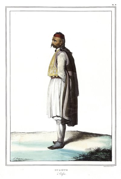 Suliote a Corfù, in "Viaggio ad Atene e Costantinopoli, o raccolta di ritratti greci e ottomani, vedute e costumi, dipinti sul posto secondo natura, litografie e colori di Louis Dupré (1789-1837), allievo di David. 1825. da Louis Dupré