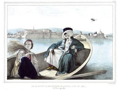 Il palazzo e la fortezza di Janina, visti dal lago. Un turco e un giovane greco. in "Viaggio ad Atene e Costantinopoli, o raccolta di ritratti, vedute e costumi greci e ottomani, dipinti sul posto dopo la natura, litografie e colori di Louis Dupre (1789-18 da Louis Dupré