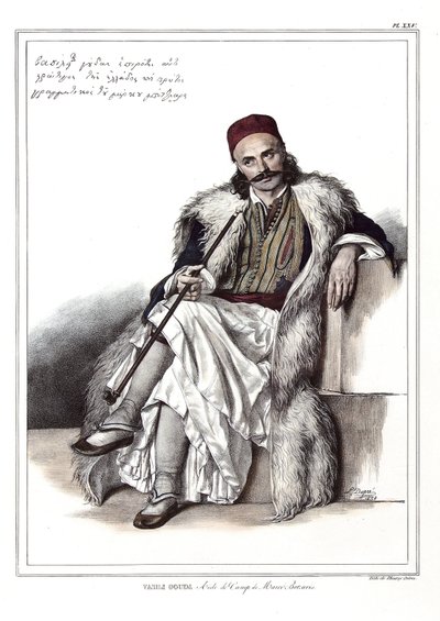 Vasili Gouda, aiutante di campo di Marc Botzaris (1788-1823). in "Viaggio ad Atene e Costantinopoli, o raccolta di ritratti, vedute e costumi greci e ottomani, dipinti sul posto dopo la natura, litografie e colori di Louis Dupre (1789-1837) da Louis Dupré