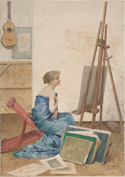 Studio di un pittore con un modello avvolto in seta giapponese da Louis Emile Adan