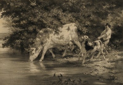 Ragazzo con mucca e vitello vicino al fiume da Louis Emmanuel Soulange Tessier