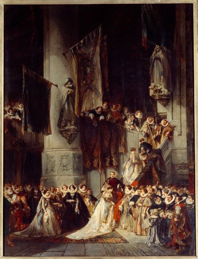 Una cerimonia nella Chiesa di Delft. Dipinto che raffigura un matrimonio in Olanda nel XVI secolo da Louis Eugene Gabriel Isabey