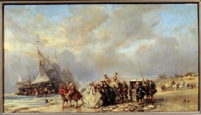 Signori sulla spiaggia di Scheveningen che comprano pesce (XVIII secolo). Dipinto di Louis Gabriel Eugene Isabey (1803-1886) da Louis Eugene Gabriel Isabey