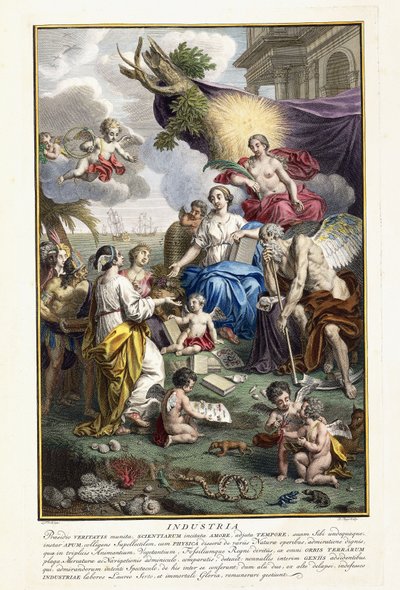 Industria, frontespizio da "Locupletissimi Rerum Naturalium Thesauri Accurata Descriptio", 1734-1765 da Louis Fabricius Dubourg