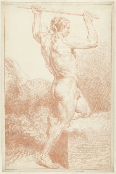 Studio di un nudo maschile, su un ginocchio, con un bastone sopra la testa da Louis Fabritius Dubourg