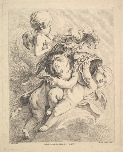 Tre Cupidi che tengono un elmo da Louis Felix de la Rue