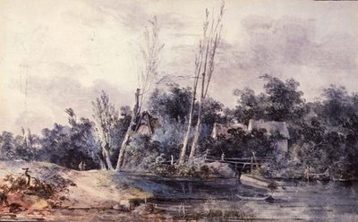 Cottage e salice vicino a un ruscello con figure da Louis Gabriel Moreau
