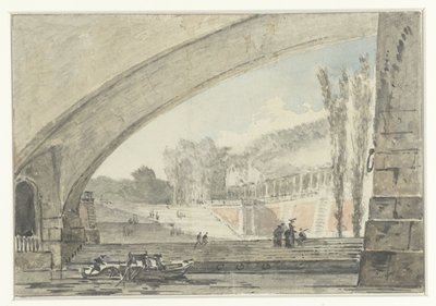 Vista sotto un ponte verso terrazze e una scala da Louis Gabriel Moreau