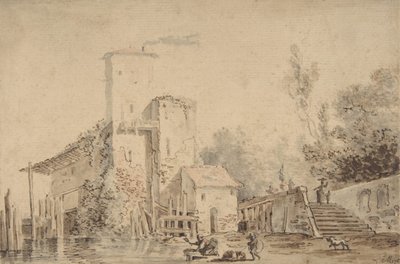 Casa colonica vicino a un fiume con figure da Louis Gabriel Moreau