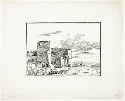 Edifici in rovina vicino alla riva di un fiume, tavola 9 da Quatrieme suite de paysages dessinés et grave a l