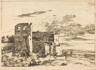 Edifici in rovina vicino a una riva del fiume da Louis Gabriel Moreau the Elder