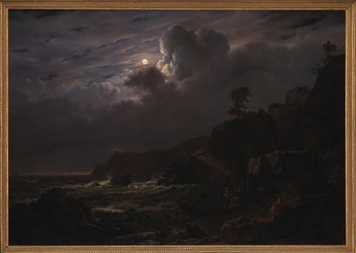 Veduta di Kullen in Svezia. Contrabbandieri nascondono le loro merci tra le rocce. Chiaro di luna da Louis Gurlitt