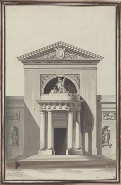 Facciata per una chiesa con una scultura rappresentante la Fede da Louis Gustave Taraval