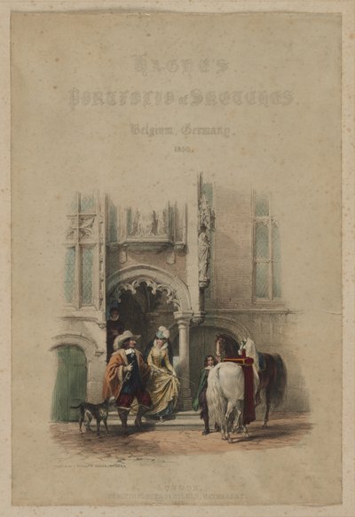 Portfolio di Schizzi di Haghe. Belgio. Germania, vol. III: Pagina del Titolo, su una porta, parte di una vista, Portico di una Casa Privata, Bruges da Louis Haghe