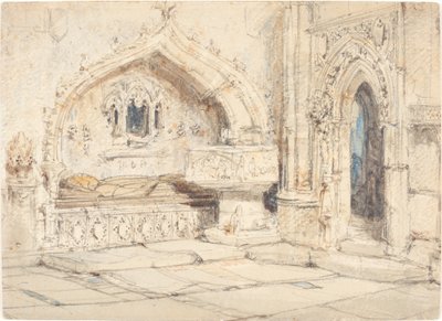 Interno di una chiesa con una tomba murale e fonte medievale da Louis Haghe