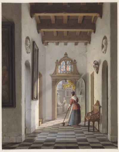 Serva che spazza il corridoio di una casa da Louis Henri de Fontenay