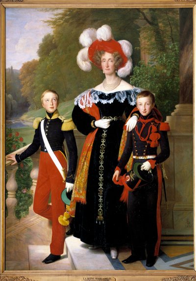 La regina Maria-Amelia e due dei suoi figli, il duca di Aumale in uniforme da soldato della fanteria leggera e il duca di Montpensier in uniforme da artigliere, davanti a una vista del parco del castello di Neuilly circa 1833 da Louis Hersent